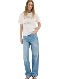 T-shirt en coton écru imprimé avec une coupe droite et un col rond