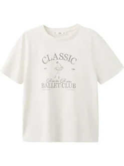 T-shirt en coton écru imprimé avec une coupe droite et un col rond