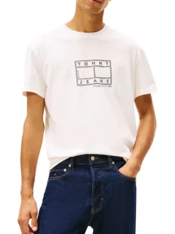 T-shirt en coton écru à imprimé avec une coupe droite et un col rond