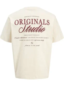 T-shirt en coton écru imprimé à coupe droite pourvu d'un col rond