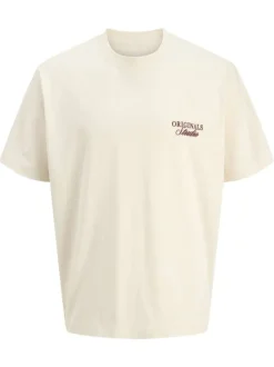 T-shirt en coton écru imprimé à coupe droite pourvu d'un col rond