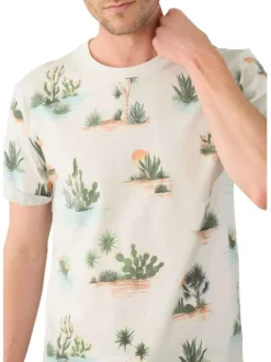 T-shirt en coton écru imprimé désert avec une coupe droite et un col rond