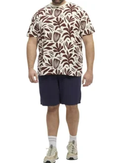 T-shirt en coton écru à imprimé feuilles bordeaux et à col rond