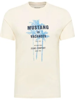 T-shirt en coton écru à imprimé palmiers bleus à l'avant et à col rond