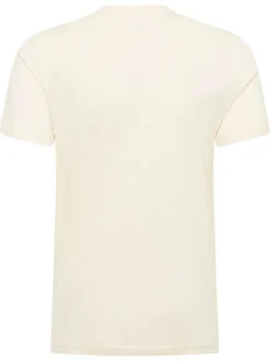 T-shirt en coton écru à imprimé palmiers bleus à l'avant et à col rond