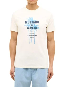 T-shirt en coton écru à imprimé palmiers bleus à l'avant et à col rond