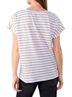 T-shirt en coton écru rayé et imprimé avec une coupe droite et un col rond