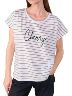 T-shirt en coton écru rayé et imprimé avec une coupe droite et un col rond