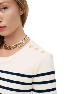T-shirt en coton écru à rayures avec une coupe droite et un col rond