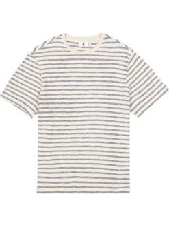 T-shirt en coton écru à rayures bleues avec une coupe droite et un col rond