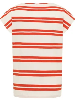 T-shirt en coton écru à rayures oranges et à col rond avec le logo brodé