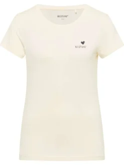 T-shirt en coton écru uni avec logo imprimé à la poitrine avec un col rond