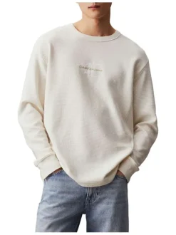 T-shirt en coton écru uni avec un col rond et des manches longues