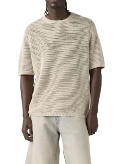 T-shirt en coton écru uni avec une coupe droite et un col rond bord côte