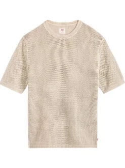 T-shirt en coton écru uni avec une coupe droite et un col rond bord côte