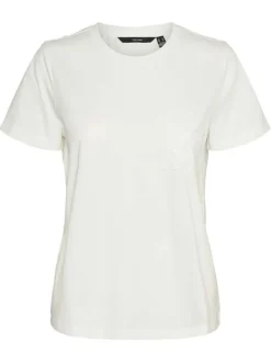 T-shirt en coton écru uni avec un empiècement en crochet et un col rond