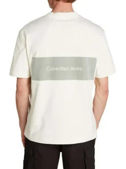 T-shirt en coton écru uni col rond et une bande dans le dos