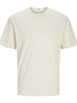 T-shirt en coton écru uni à coupe droite avec une écriture en relief
