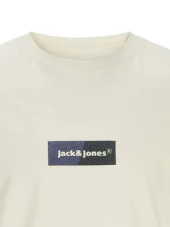 T-shirt en coton écru uni à coupe droite avec un petit imprimé rectangle
