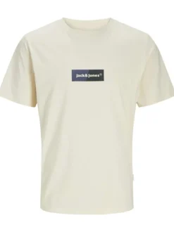 T-shirt en coton écru uni à coupe droite avec un petit imprimé rectangle