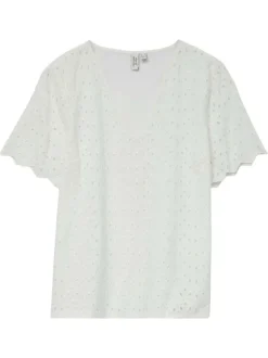 T-shirt en coton écru uni à coupe droite, col v à manches courtes dentelées