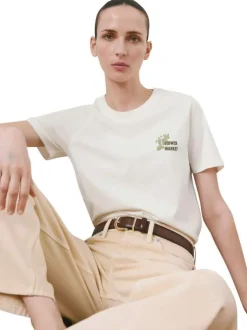 T-shirt en coton écru uni pourvu d'un col rond et d'une coupe droite