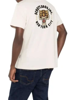 T-shirt en coton écru uni pourvu d'un col rond et d'un imprimé tigre