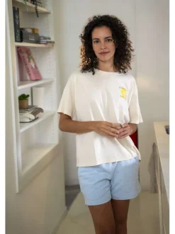 T-shirt en coton écru uni pourvu d'une coupe ample et d'un col rond