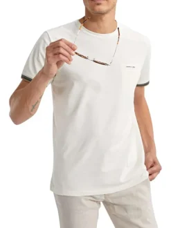 T-shirt en coton ecru uni pourvu de manches courtes et d'un col rond