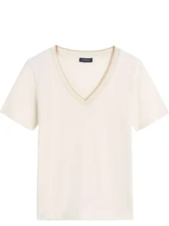 T-shirt en coton et lin mélangé beige à coupe droite pourvu d'un col v