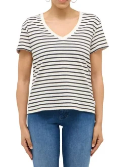 T-shirt en coton et lin mélangé blanc à rayures pourvu d'un col v