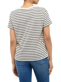 T-shirt en coton et lin mélangé blanc à rayures pourvu d'un col v