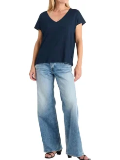 T-shirt en coton et lin mélangé bleu marine uni ajouré au dos avec un col v
