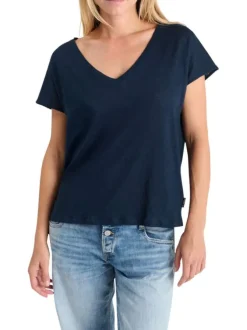 T-shirt en coton et lin mélangé bleu marine uni ajouré au dos avec un col v