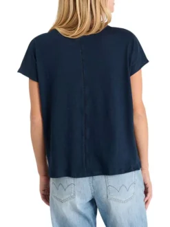 T-shirt en coton et lin mélangé bleu marine uni ajouré au dos avec un col v