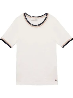 T-shirt en coton et lin mélangé écru chiné à col rond et à détails en crochet