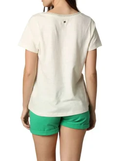 T-shirt en coton et lin mélangé écru uni avec une coupe droite et un col v