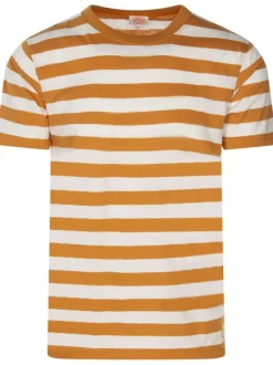 T-shirt en coton et lin mélangé orange rayé avec une coupe droite et col rond