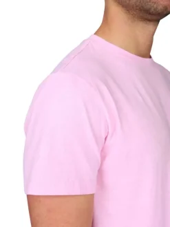 T-shirt en coton et lin mélangé rose à coupe droite pourvu d'un col rond