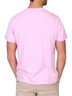 T-shirt en coton et lin mélangé rose à coupe droite pourvu d'un col rond