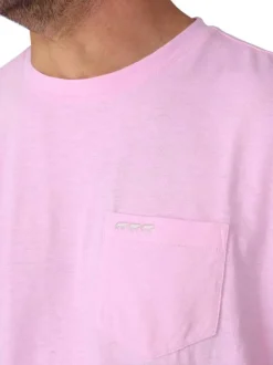 T-shirt en coton et lin mélangé rose à coupe droite pourvu d'un col rond