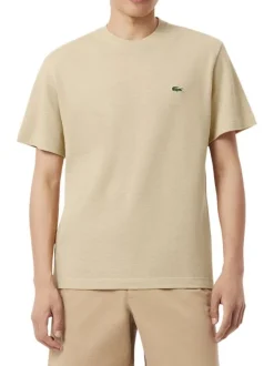 T-shirt en coton et lin mélangés beige à coupe ajustée pourvu d'un col rond
