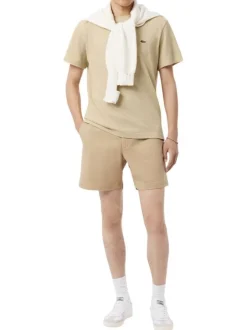 T-shirt en coton et lin mélangés beige à coupe ajustée pourvu d'un col rond