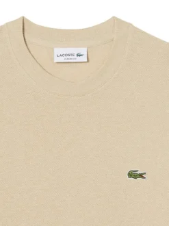 T-shirt en coton et lin mélangés beige à coupe ajustée pourvu d'un col rond