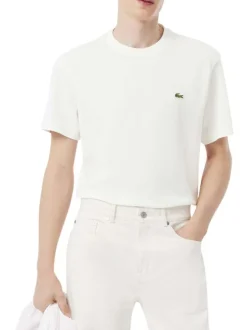 T-shirt en coton et lin mélangés écru à coupe ajustée pourvu d'un col rond