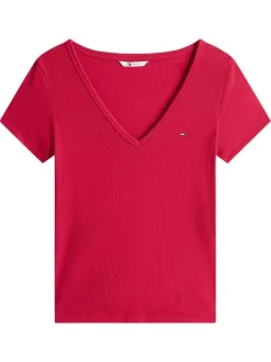 T-shirt en coton fuchsia uni avec une coupe droite et un col v