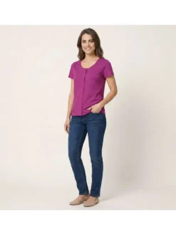 T-shirt en coton fuchsia uni pourvu d'un col rond de manches courtes