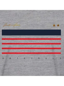T-shirt en coton gris chiné avec drapeau floqué en marine et rouge sur la poitrine coupe droite
