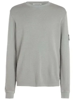 T-shirt en coton gris clair uni col rond et à manches longues