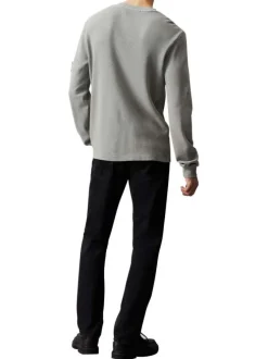 T-shirt en coton gris clair uni col rond et à manches longues
